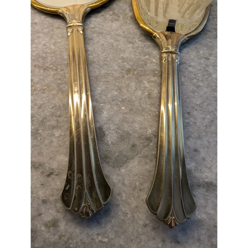 Vintage Mirror and‎ Brush Set Vanity Set Gold Tone Floral Design